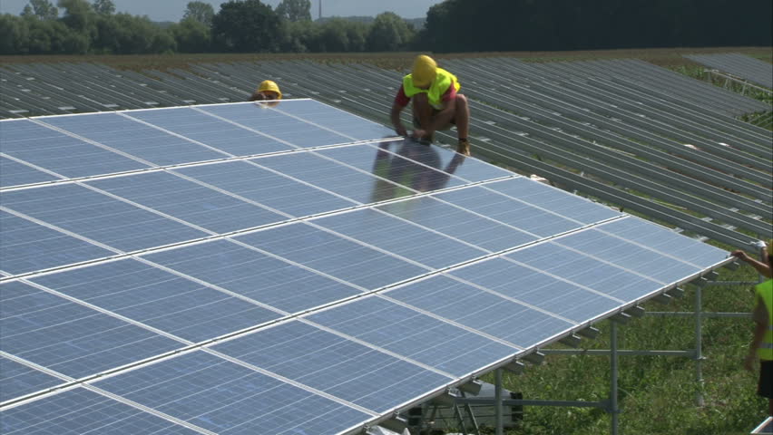 Mounting panels on solar power-plant construction. Time lapse. 