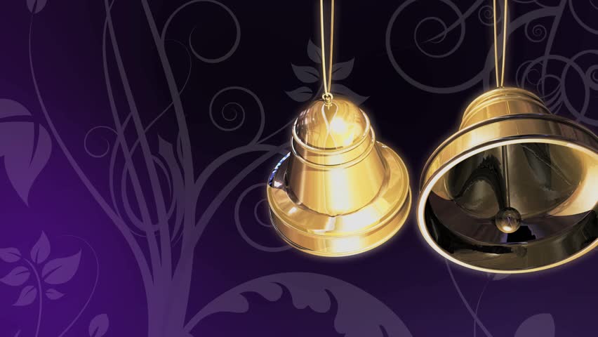High definition animation of golden bells swinging over a purple decorative background.