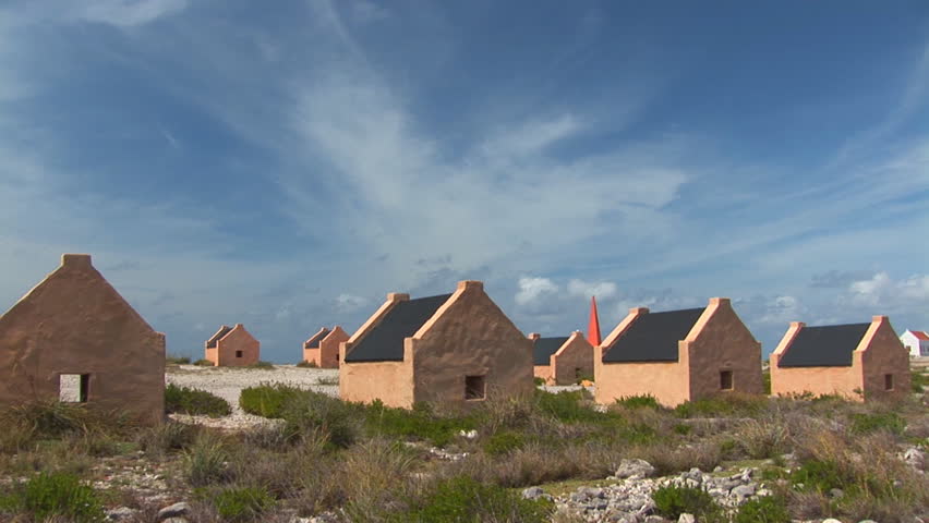 Red Slave Huts and beacon. Shot on Bonaire, Netherlands Antilles.