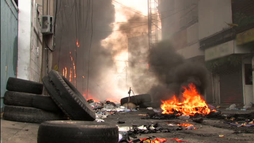 Burning City Street during riots, Bangkok, April 2010