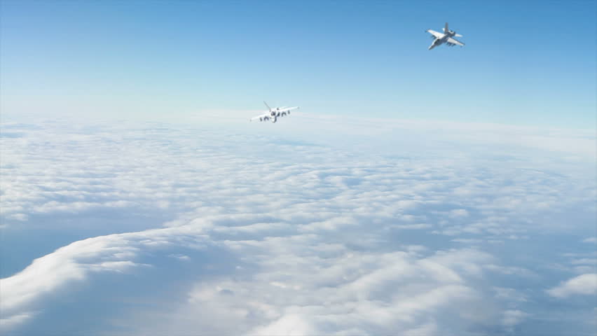 TWO F18 Fighter Jets flying high above the clouds. (Highly detailed animation of F18 Fighter Jet rendered with Mental Ray).