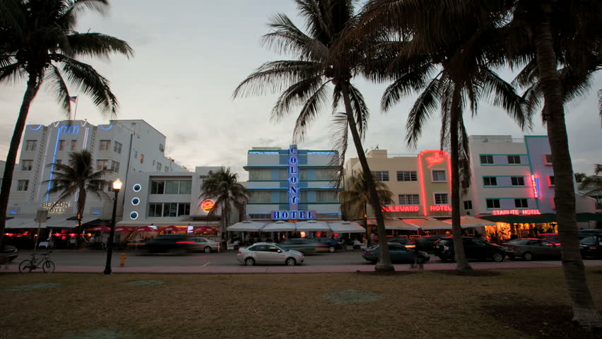 MIAMI BEACH, FLORIDA - FEBRUARY 16: in this time-lapse view cars travel on Ocean Drive on February 16, 2010 in Miami Beach, Florida.