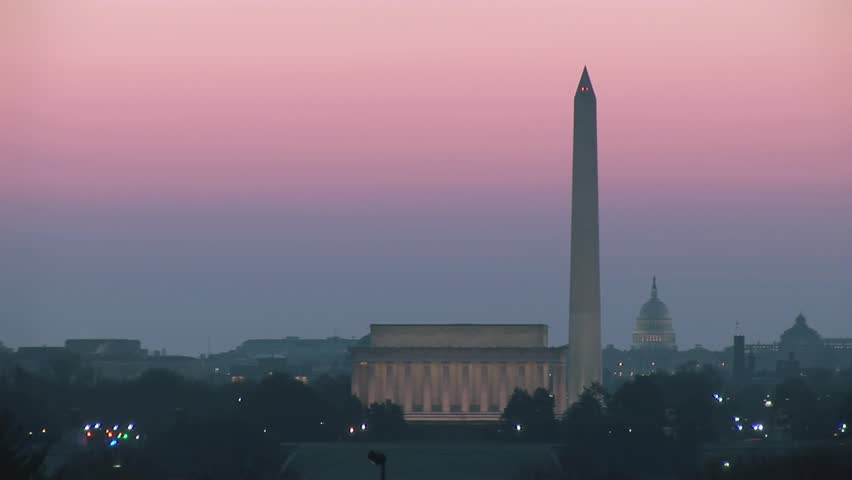 Sunrise over Washington D.C. with the Lincoln Memorial, Washington Monument and Capitol Building