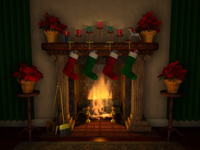 Computer-generated 3D animation depicting a holiday-decorated fireplace mantel