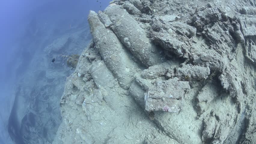 Fisheye Wide angle view of the bombs on the Shipwreck the SS Thistlegorm. Gulf of Suez, Red Sea, Egypt.