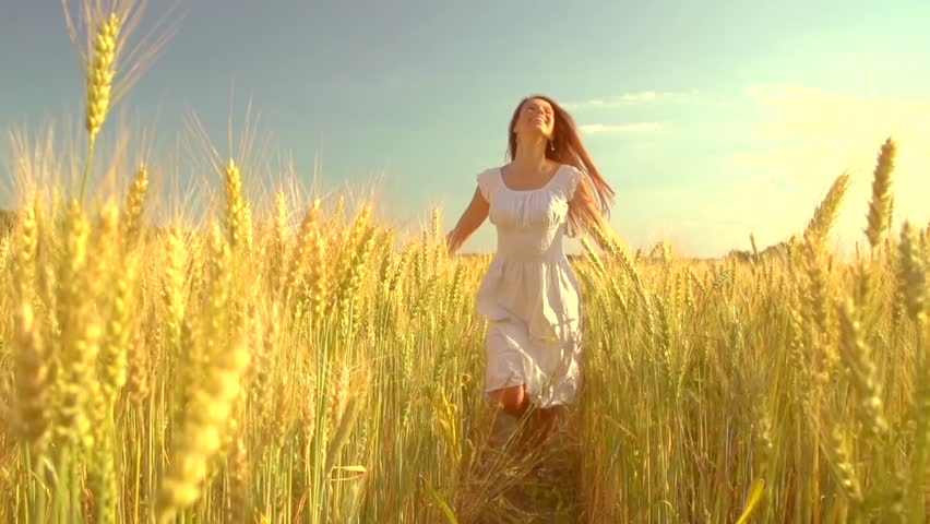 Beauty Girl Running On Yellow Wheat Field Over Sunset Sky Freedom Concept Happy Woman Outdoors