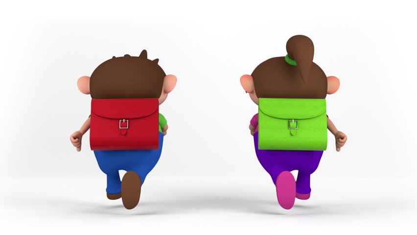 school kids with satchel running - back to school concept - high quality 3d animation