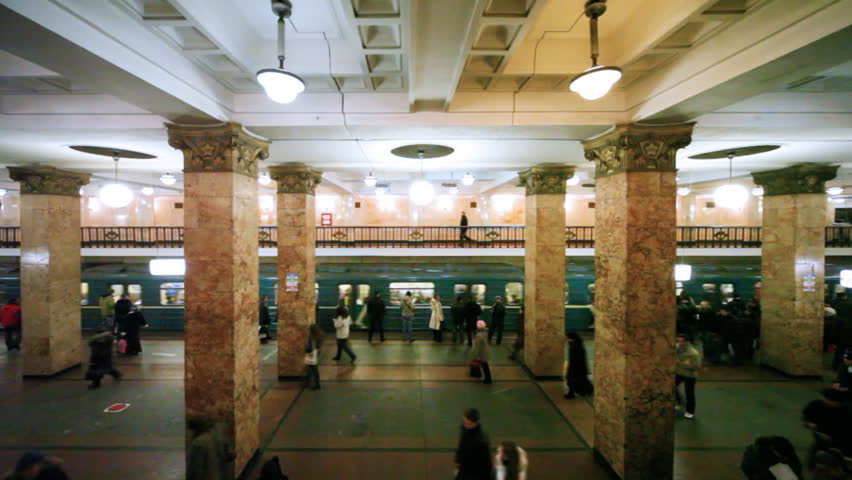 revival of passengers on subway and train arrives at station Komsomolskaya Moscow Metro