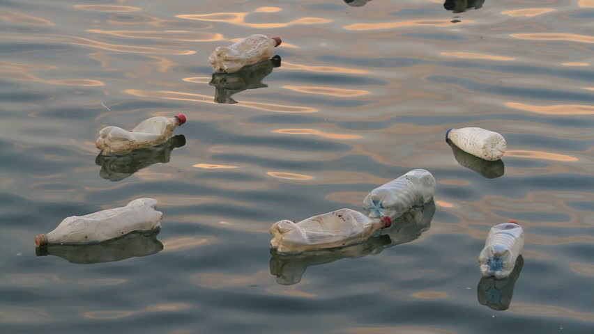 Plastic bottles floating and polluting at river