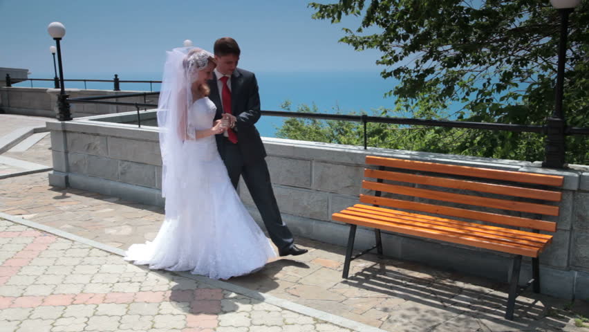 bride and groom on the terrace in Foros, Crimea, Ukraine