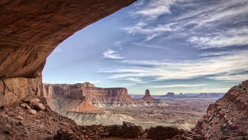 (1260) Gorgeous Clouds and Canyon Panorama Anasazi Cave Kiva Scenic Time-lapse Canyonlands Moab Utah