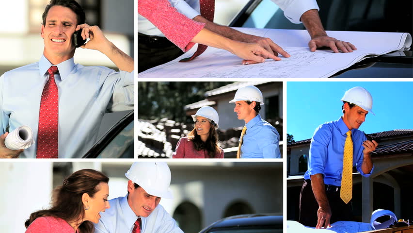 Montage collection of male architect & female client collaborating on designs for new luxury home