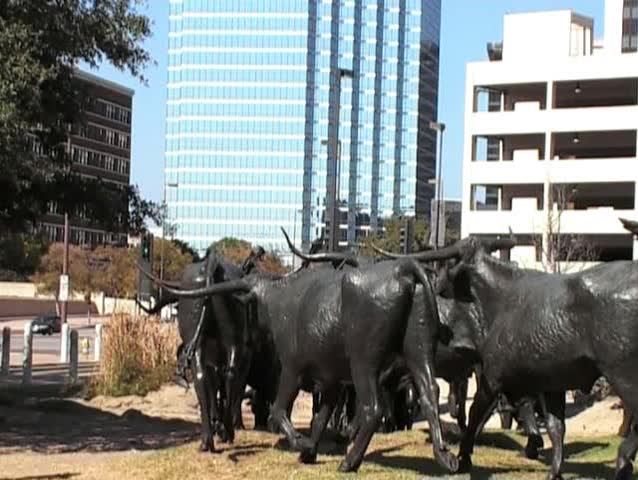 Bank of America Plaza and Texas Longhorn Cattle Sculpture in Pioneer Park Dallas Texas USA