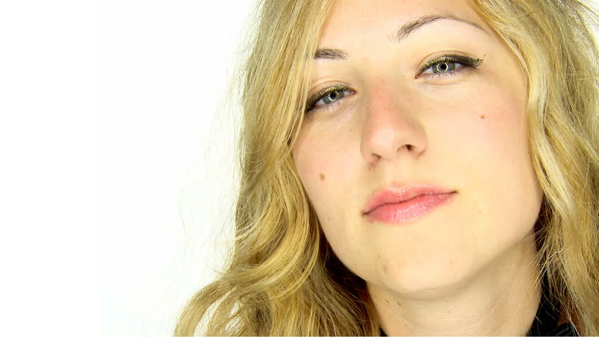 Beautiful blonde girl on white background closeup. High Definition 1080p. No camera movement.