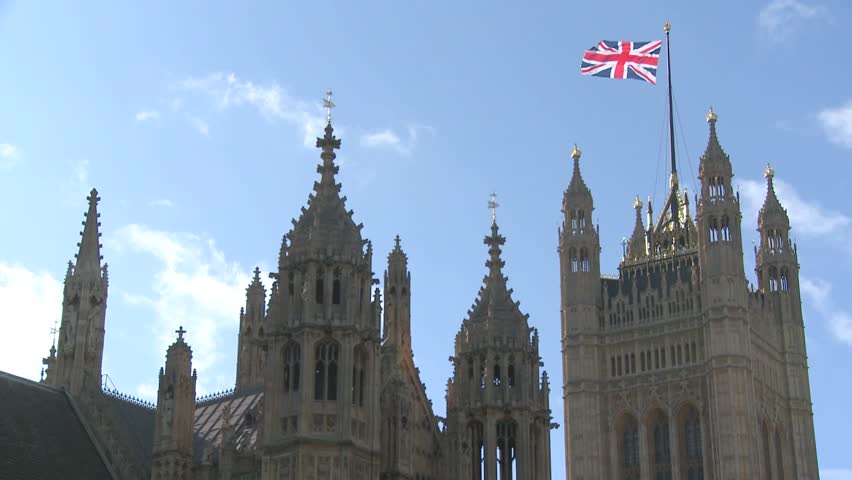 Union Jack flapping on House-of-Parliament