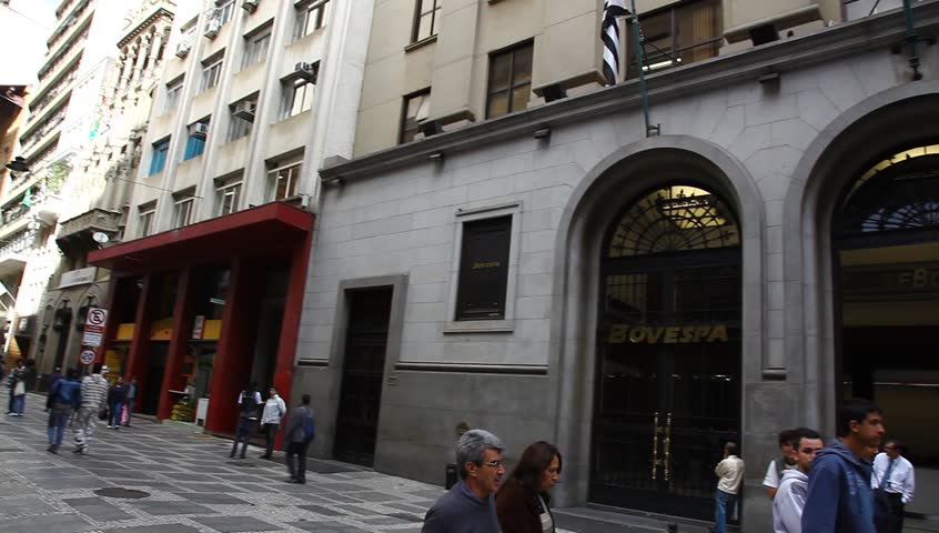 SAO PAULO BRAZIL - JUNE 16: Foot traffic outside BM&F Bovespa (Bolsa de Valores, Mercadorias & Futuros de Sao Paulo), June 16, 2011. BM&F Bovespa is a worldwide stock exchange with market capitalization of US $1.54 Trillion as of Jan 2011. 