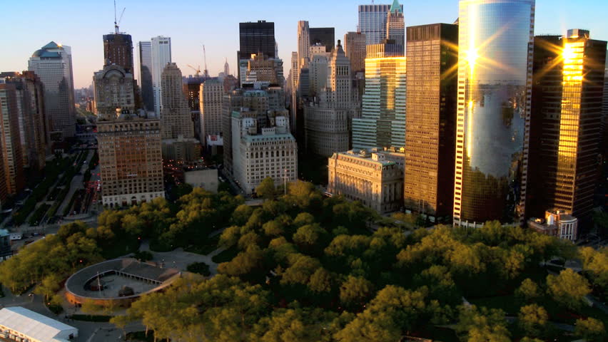 Aerial view of Manhattans Financial Business Quarter, Brooklyn Bridge and Queens at Sunset, New York City, North America, USA