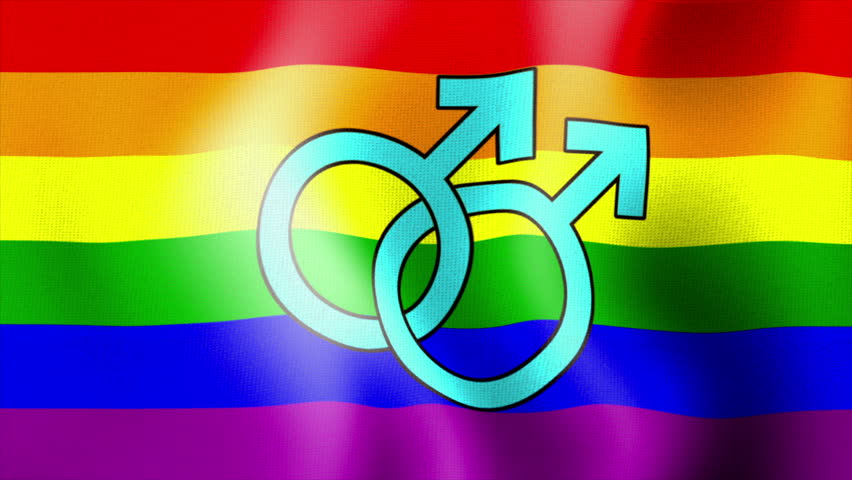 Waving rainbow flag with interlocking male (mars) signs