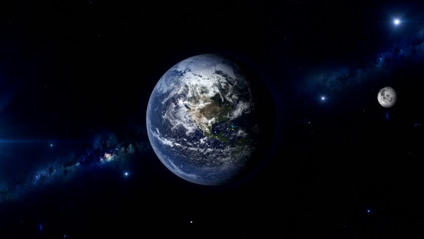 Loop of realistic planet earth and moon rotating, in front of a blue galaxy. Elements of this image furnished by NASA.
