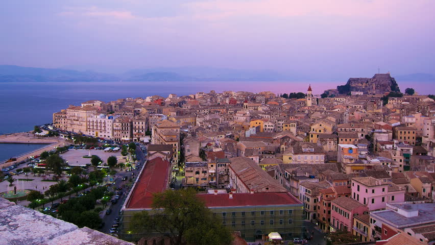 Time-lapse: aerial view of old city from New fortress at evening, Corfu, Greece