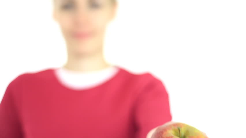 Female hand offering apple, isolated on white 