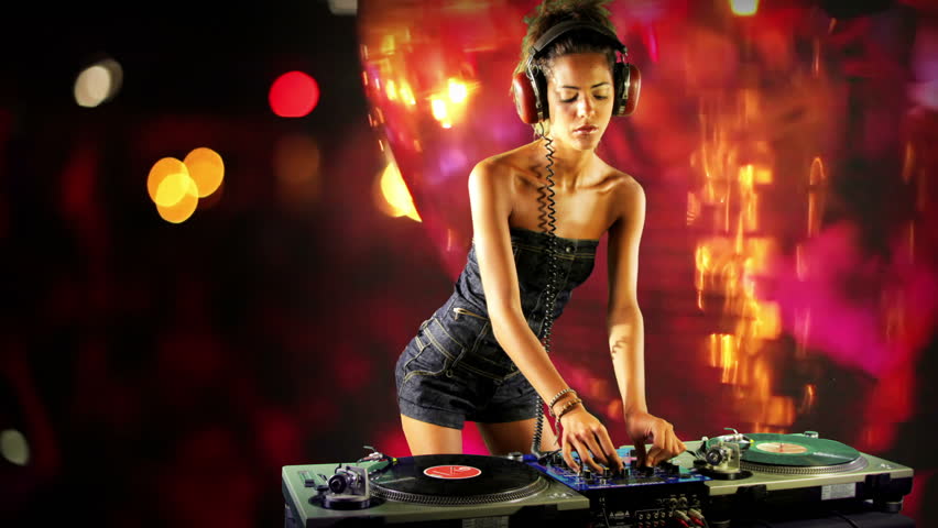 a sexy female dj dancing and playing records with disco style background