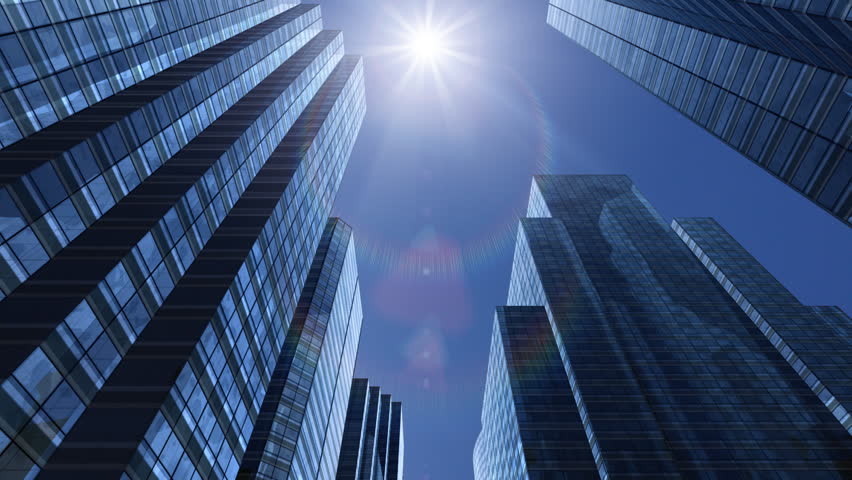 CG skyscrapers and time lapse of clouds.