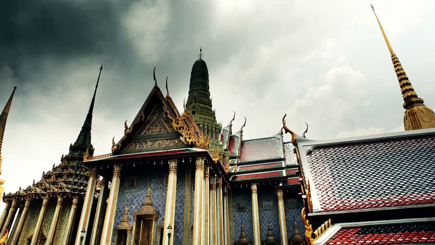 Richly decorated golden buildings of grand palace temple in Bangkok