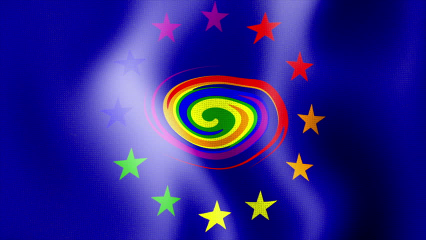 Rainbow Flag Series 1: A nice blue Flag with a  nylon texture waving. The sign shows the europe nation symbol and a swirl in rainbow colors. 
