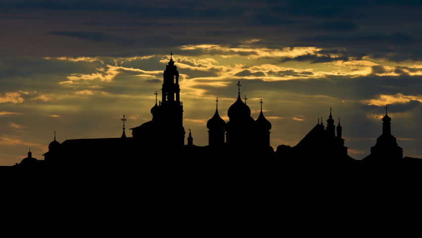 Trinity Lavra of St.Sergius monastery with passing clouds in the sunset,  it is located in the town of Sergiyev Posad  founded in the 14th century, part of the UNESCO World Heritage list.