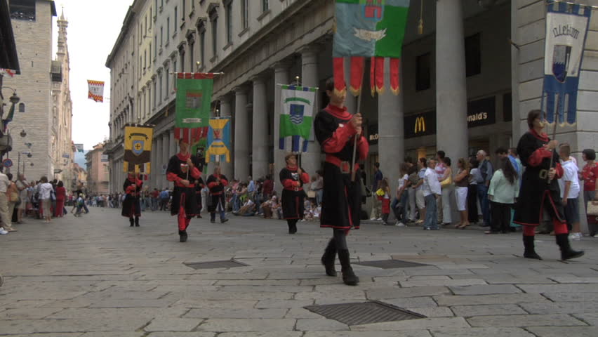 COMO, ITALY - CIRCA SEPT 2011:  Palio del Baradello re-enacts Barbarossa's visit to his allies in Como after defeating Milan in the 1159 battle, circa Sept 2011, Como, Italy. Period dances, games and shows create a medieval atmosphere at this annual event