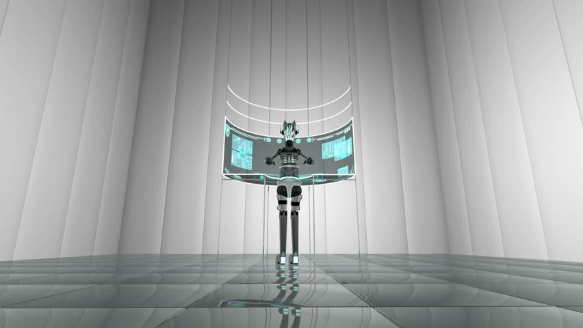Futuristic 3D robot accessing communication data using touchscreen technology