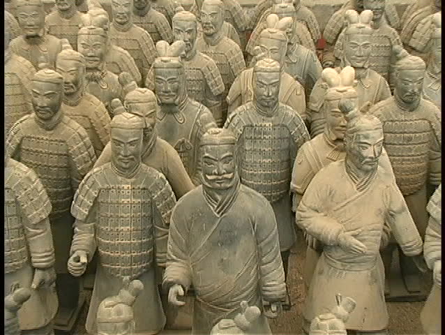 The unearthed terracotta figures commissioned by Emperor Qin Shi Huang rest side by side.