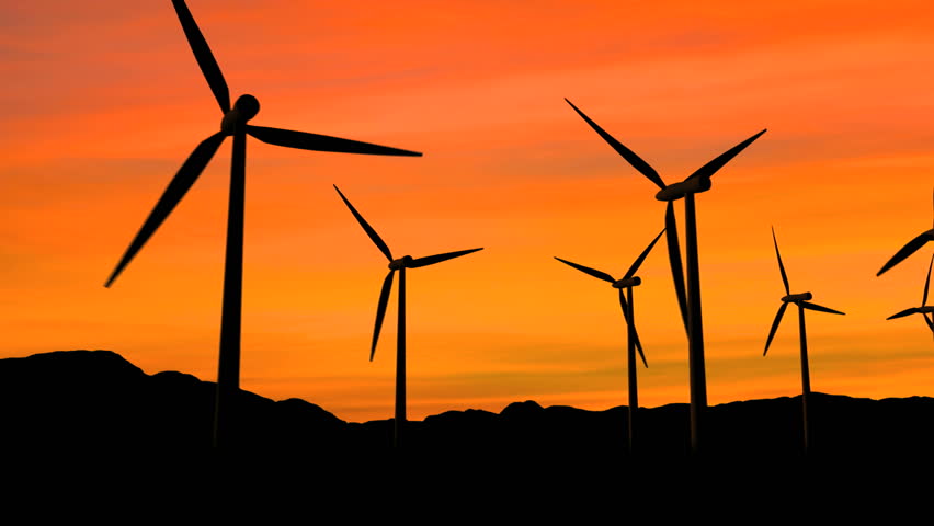 Wind turbines at sunset, green energy. HD Version