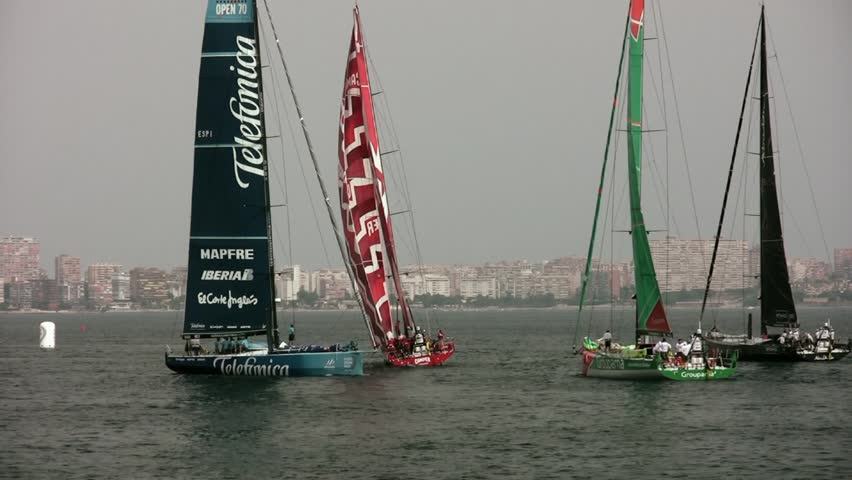ALICANTE, SPAIN - OCTOBER 7: Puma, Camper and Groupama Team, three of the six teams participating in the race around the world "Volvo Ocean Race 2011-2012" begin their preparation in the first inshore race, October 7, 2011, Alicante, Spain.
