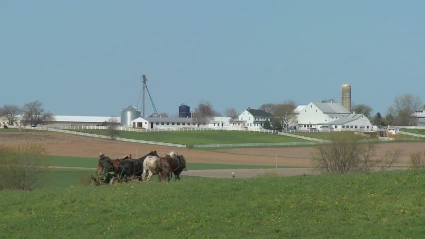 Amish country with farmer farming the land.