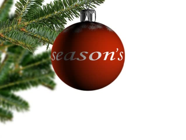 Christmas tree bauble decoration in red with Season's Greetings.