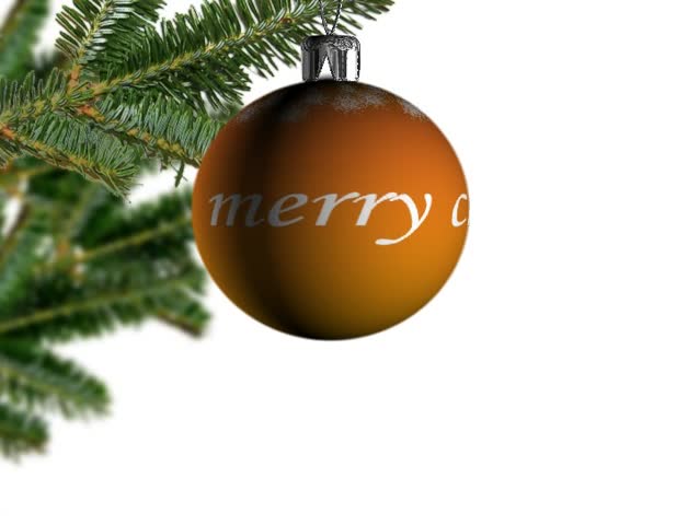 Christmas tree bauble in orange with the message Happy Christmas.