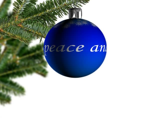 Christmas tree bauble in blue with the message - Peace and Goodwill.