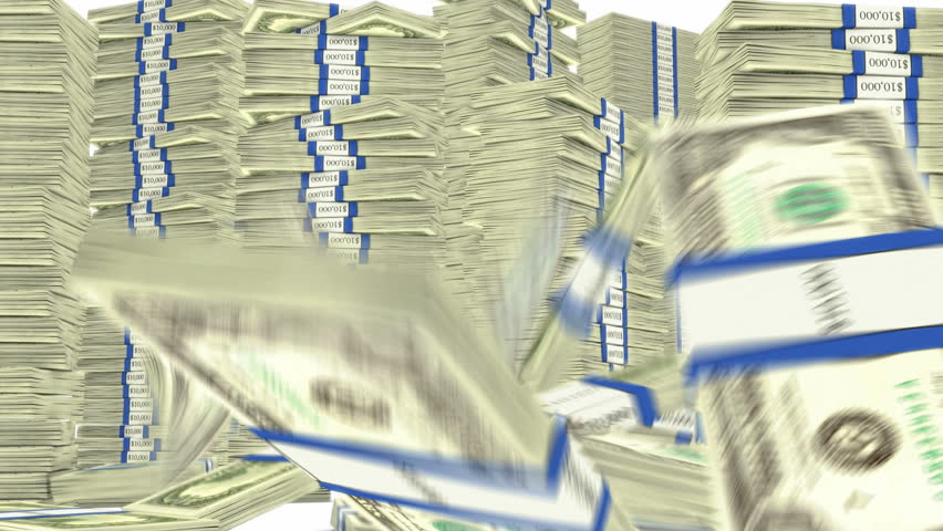 100 dollar bundles stacks falling down. Wealth and money