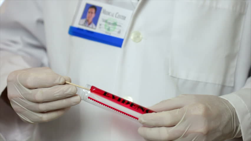 A lab tech or crime scene investigator removes a swab from an evidence tube and uses a method to determine if blood is present then observes the chemical reaction.