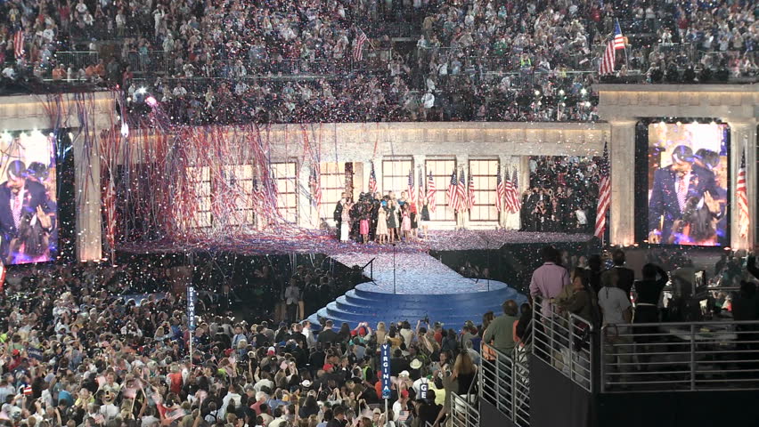 DENVER, CO - CIRCA 2008: Presidential Nominee Barack Obama and his Vice Presidential pick Joe Biden celebrate at the end of the 2008 Democratic National Convention circa 2008 in Denver Colorado.