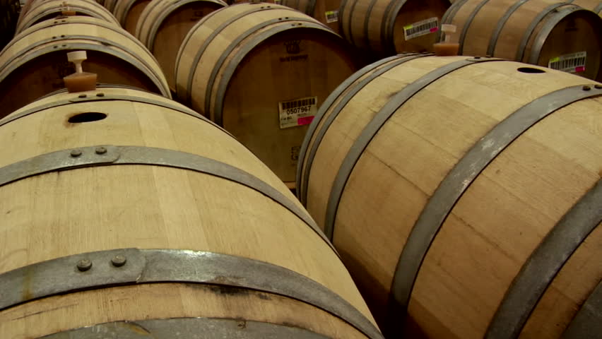 Wine barrels in a Santa Barbara County winery, California.