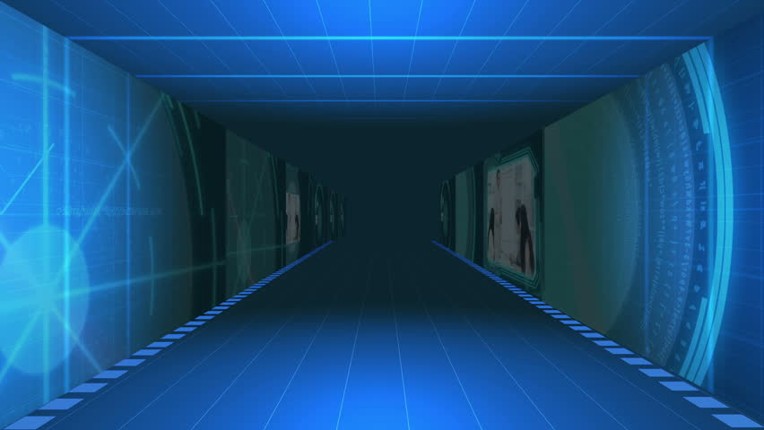 Corridor of statistical data with videos about business meetings