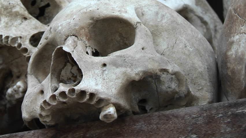 Human skulls stacked on a shelf in the Killing Fields near Phnom Penh, Cambodia.