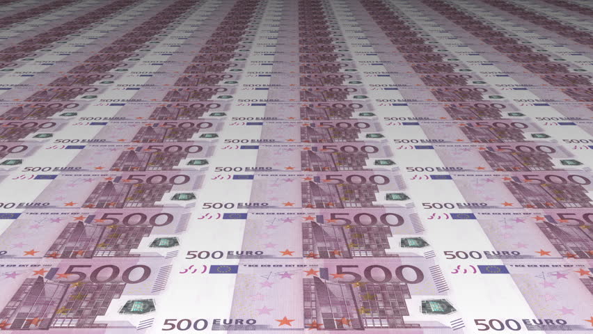 Diminishing parallel rows of 500 euro currency banknotes abstract financial background