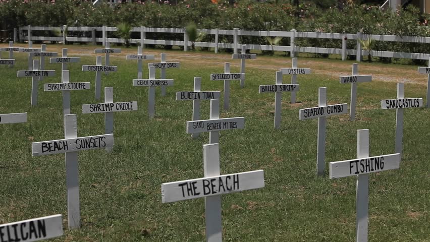 A makeshift graveyard of crosses acknowledging the devastation of the Gulf Coast after the BP oil spill