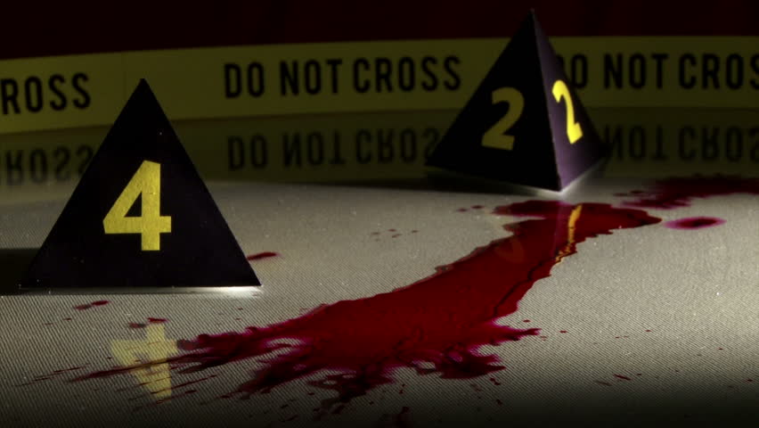 Crime Investigation, bloodstains, police markers, flashlight. 