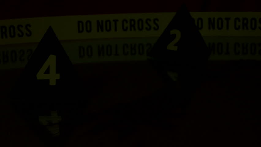 Crime Investigation, bloodstains, police markers, flashlight. 