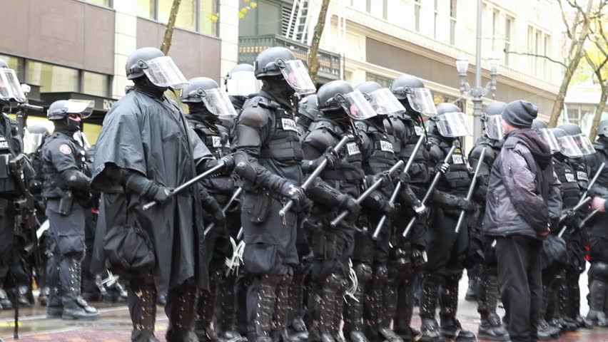 PORTLAND, OREGON - NOVEMBER 17: Law enforcement at Occupy Portland N17 "Occupy the Banks" rally November 17, 2011 in Portland, Oregon. 